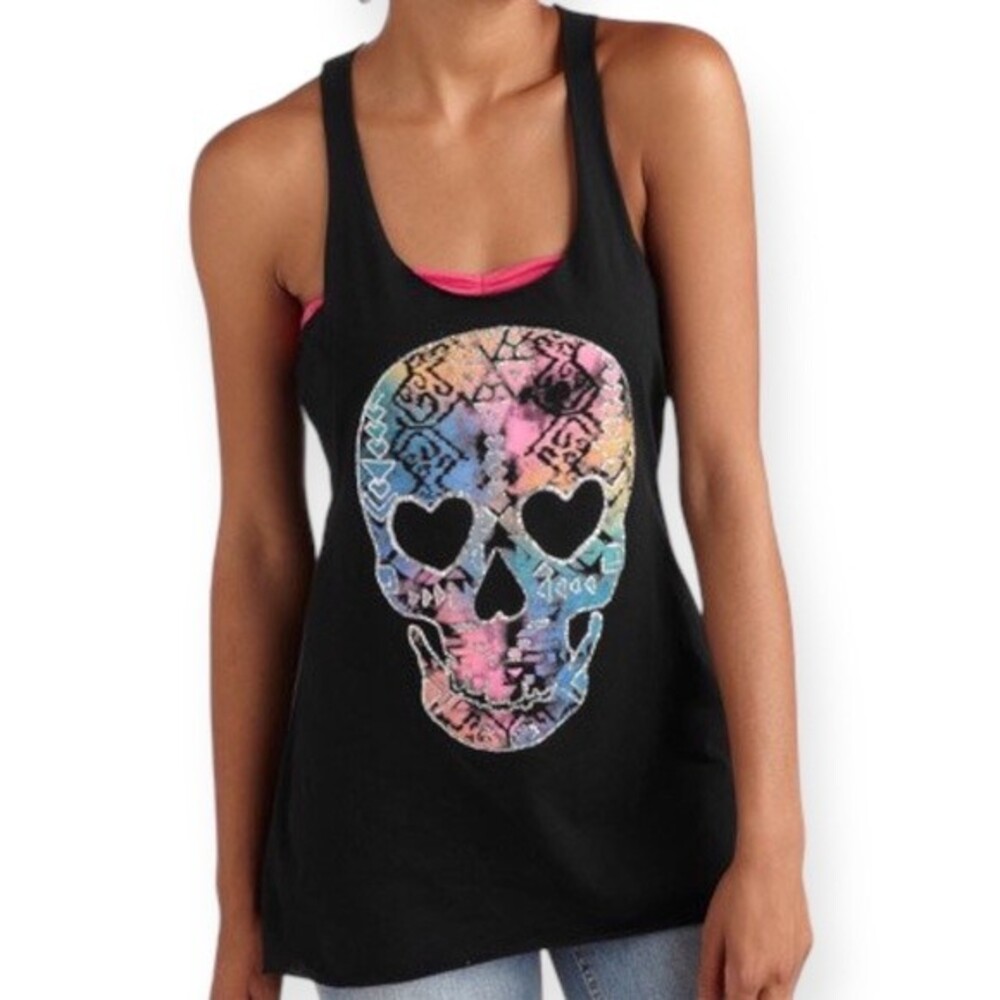 No Boundaries Juniors Black Graphic Skull Racerback Tank Top